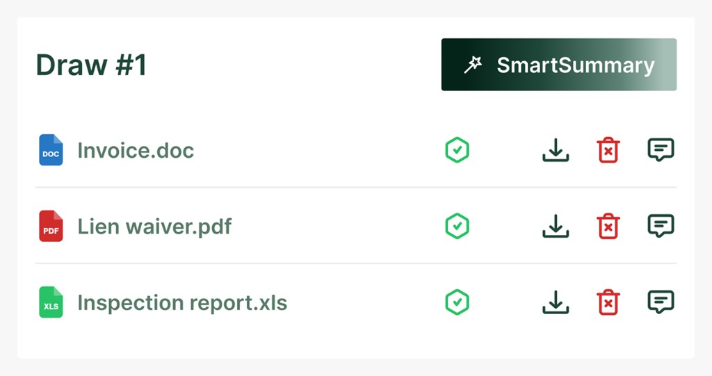 Draw documents list with SmartSummary and review actions